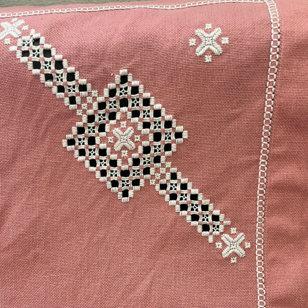 Vintage Pink White Hardanger Norwegian Embroidery 46” square cotton tablecloth